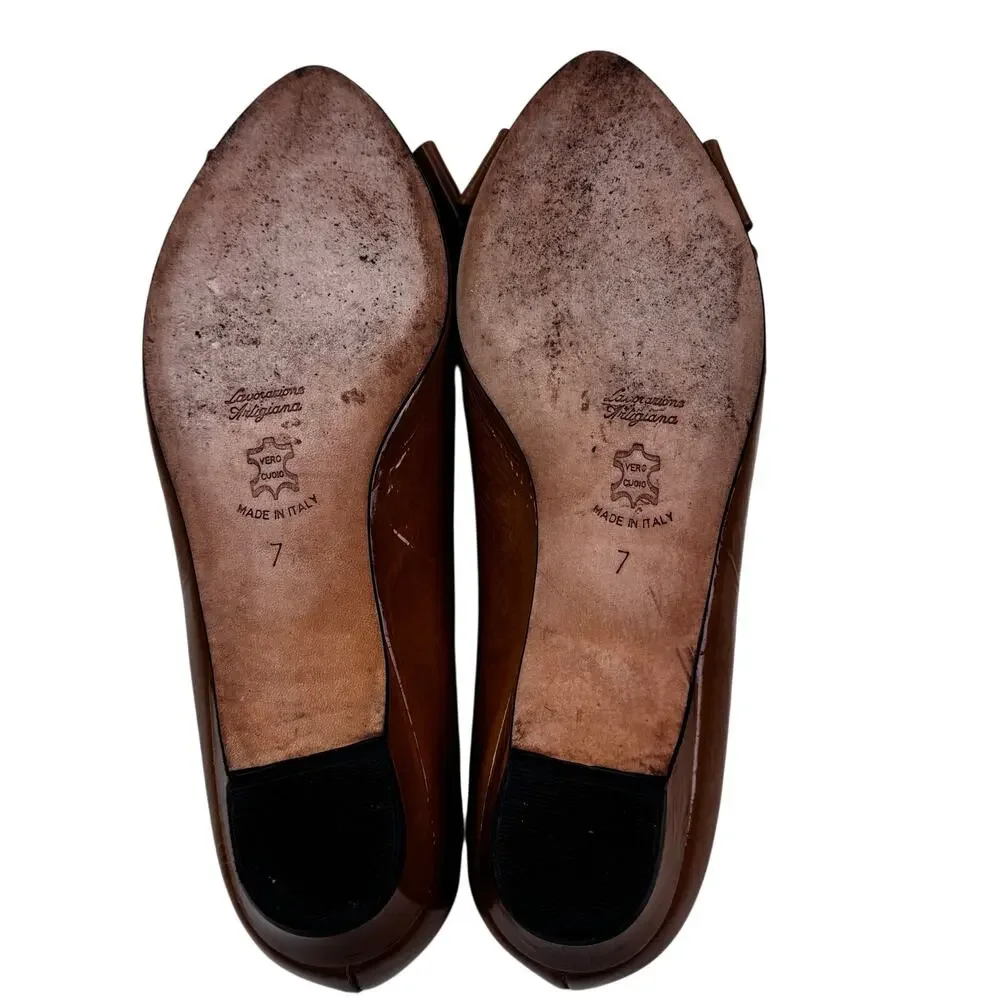 Butter Made In Italy Bow Detail Preppy Dressy Caramel Patent Shoes Women's 7